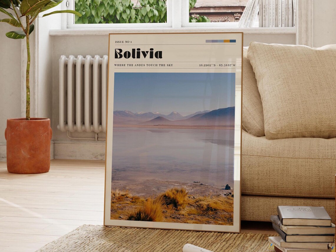 Bolivia Andes Salt Flat Mirror Lake Vintage Travel Magazine Poster