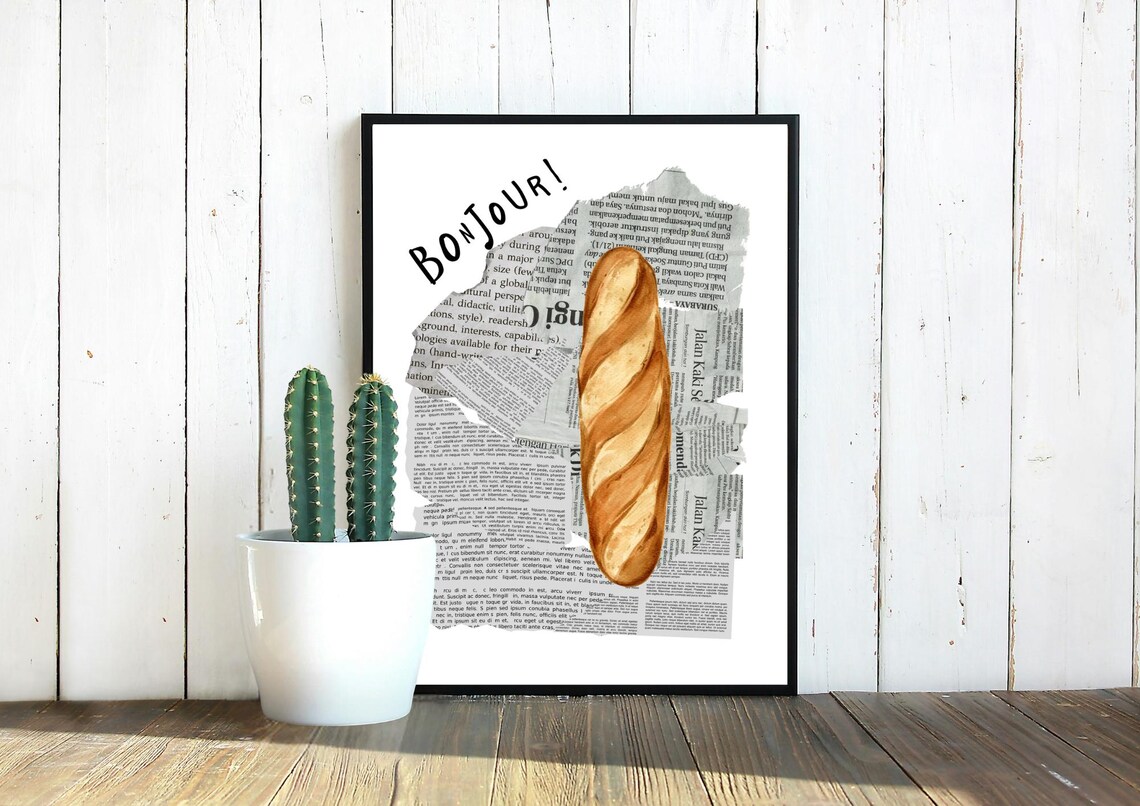 Bonjour French Baguette On Torn Vintage Newspaper Kitchen Poster