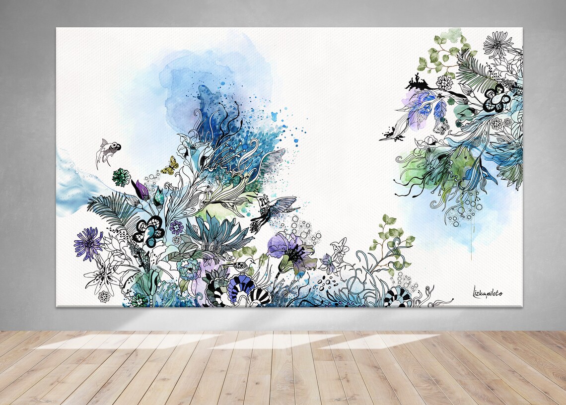 Large Blue Abstract Watercolor Boho Wall Art Print