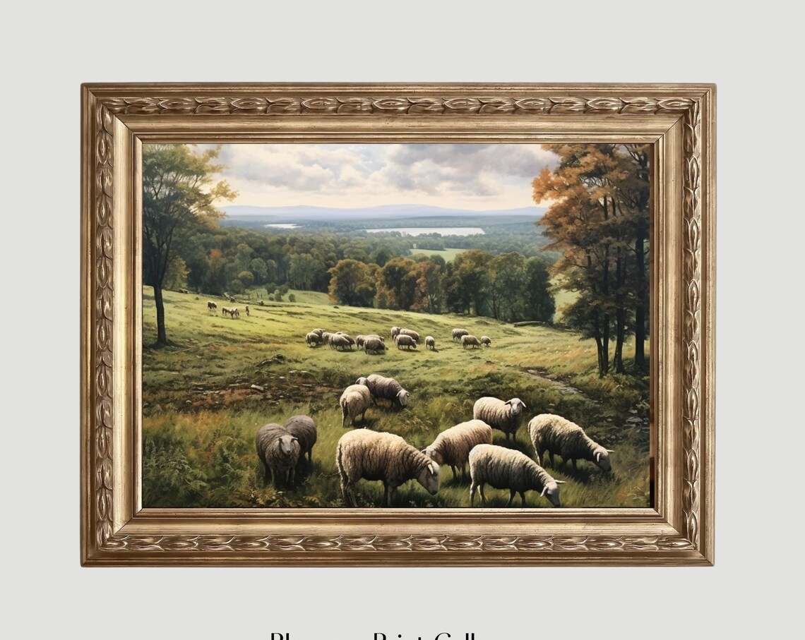 Sheep Vintage Neutral Landscape Art Print, Farmhouse