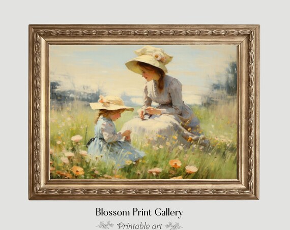 Mother Daughter Wildflower Meadow Sunlit Impressionist Poster