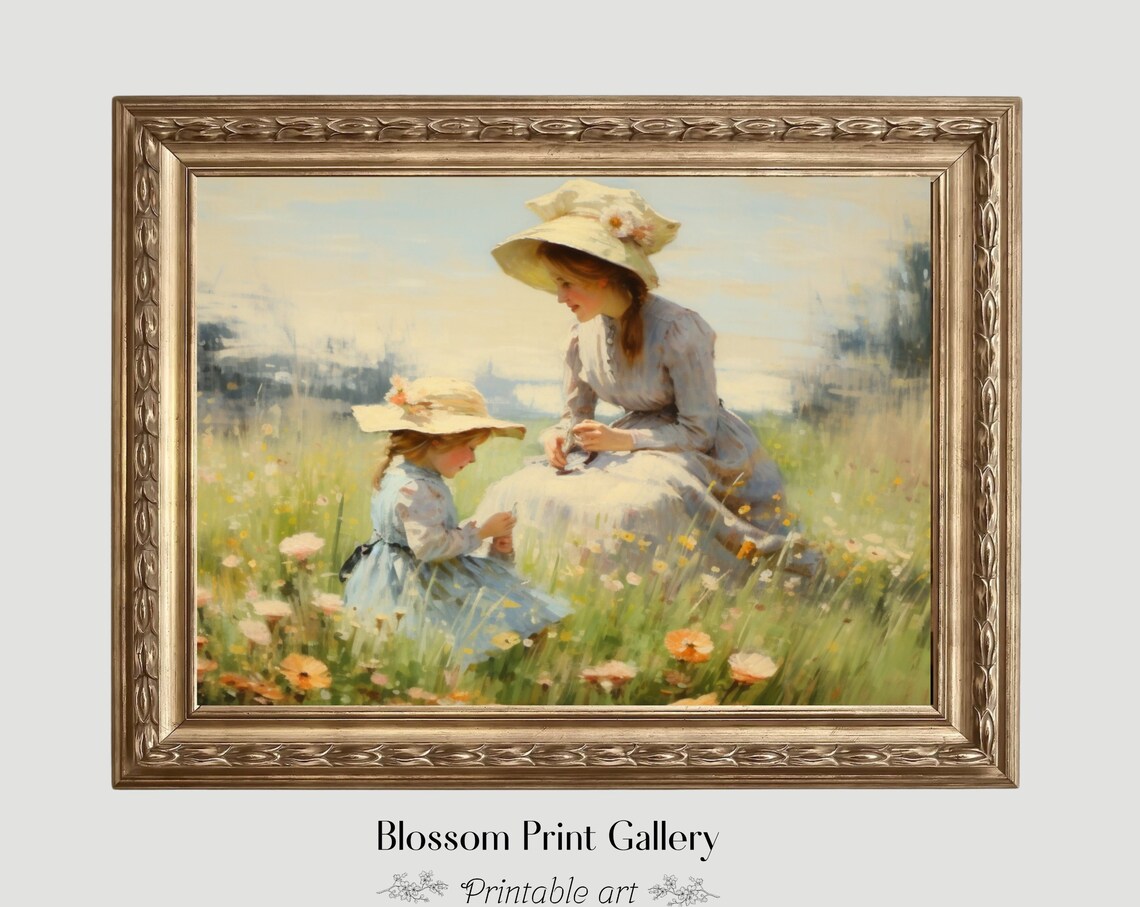 Mother Daughter Wildflower Meadow Sunlit Impressionist Poster
