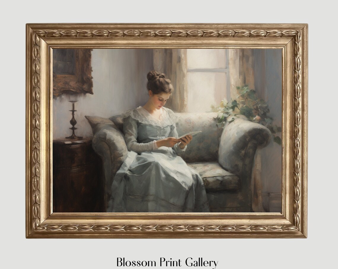 Woman Reading On Chaise By The Window Vintage Portrait Poster