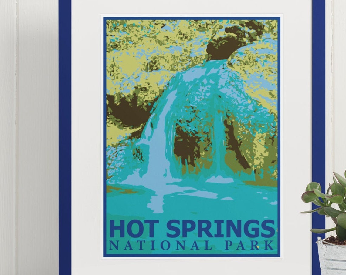 Hot Springs National Park Turquoise Waterfall Forest Vintage Poster