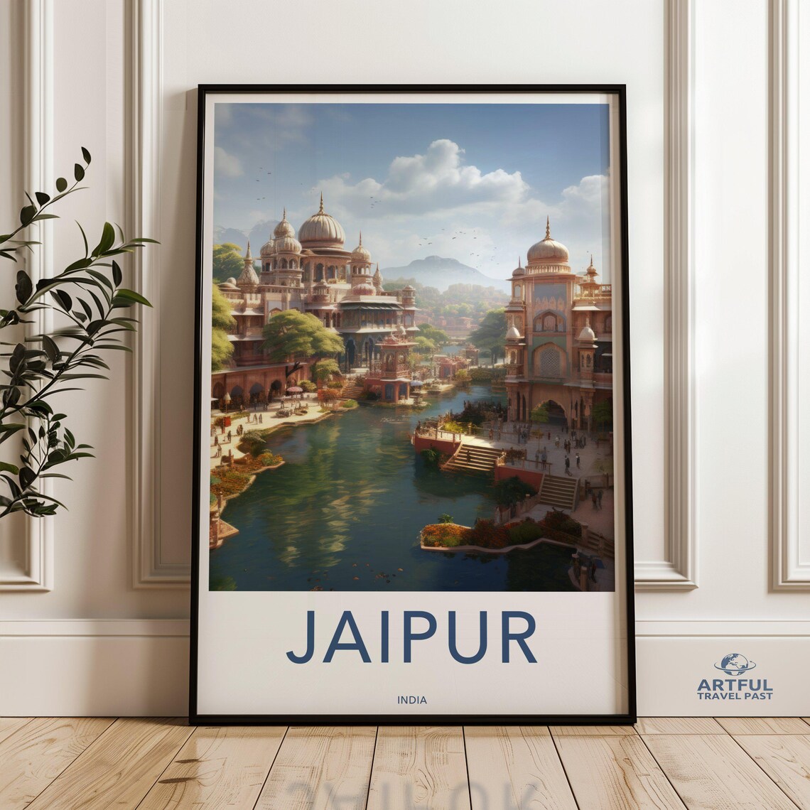 Jaipur India Royal Palace Lake Sunset Travel Poster City Artwork