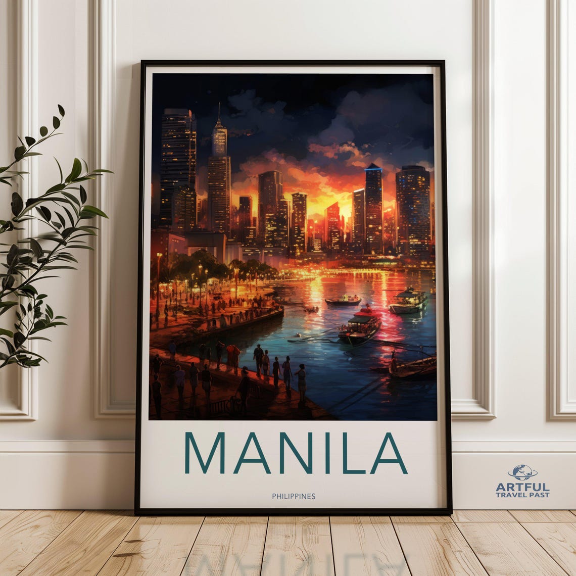 Manila Philippines Sunset Skyline Waterfront Boats Night City Poster