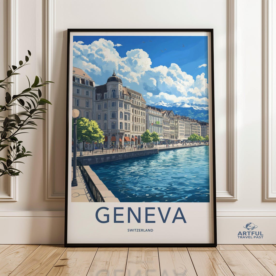 Geneva Switzerland Rhone River Waterfront Cityscape Travel Poster