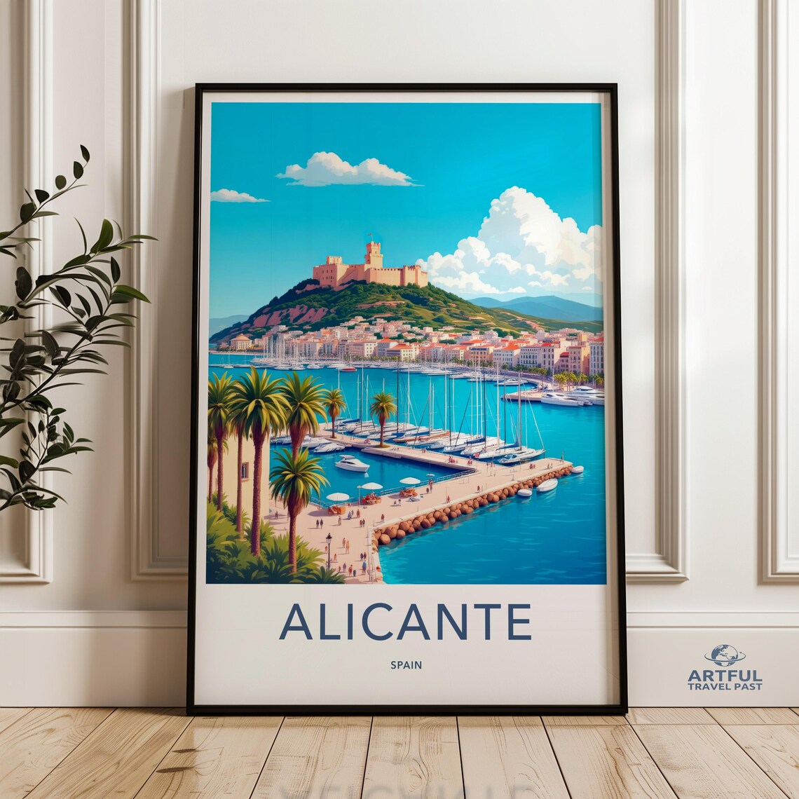 Alicante Spain Marina Promenade Palm Trees Castle Bay Travel Poster