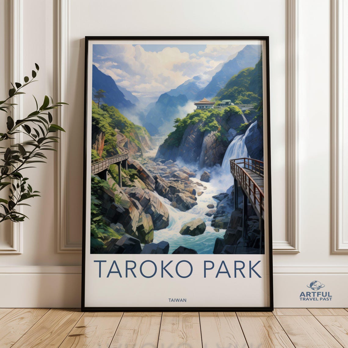 Taroko Park Taiwan Marble Gorge Waterfall Cliffs Scenic Travel Poster