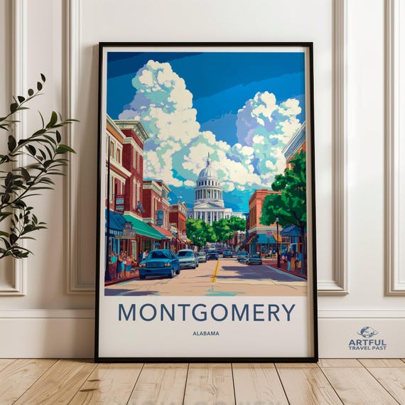 Montgomery Alabama Wall Art Cityscape Poster Vibrant Street Scene Historic Downtown Print Travel Souvenir Colorful Artwork Decor