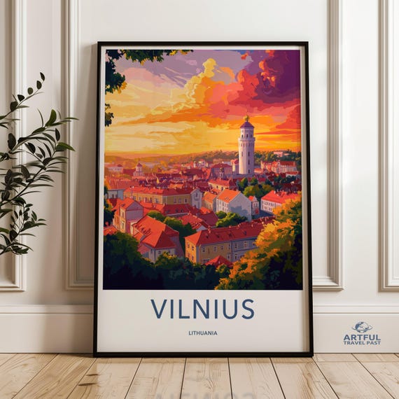 Vilnius Lithuania Wall Art Travel Poster Cityscape Print Landmark Decor Sunset Skyline European City Home