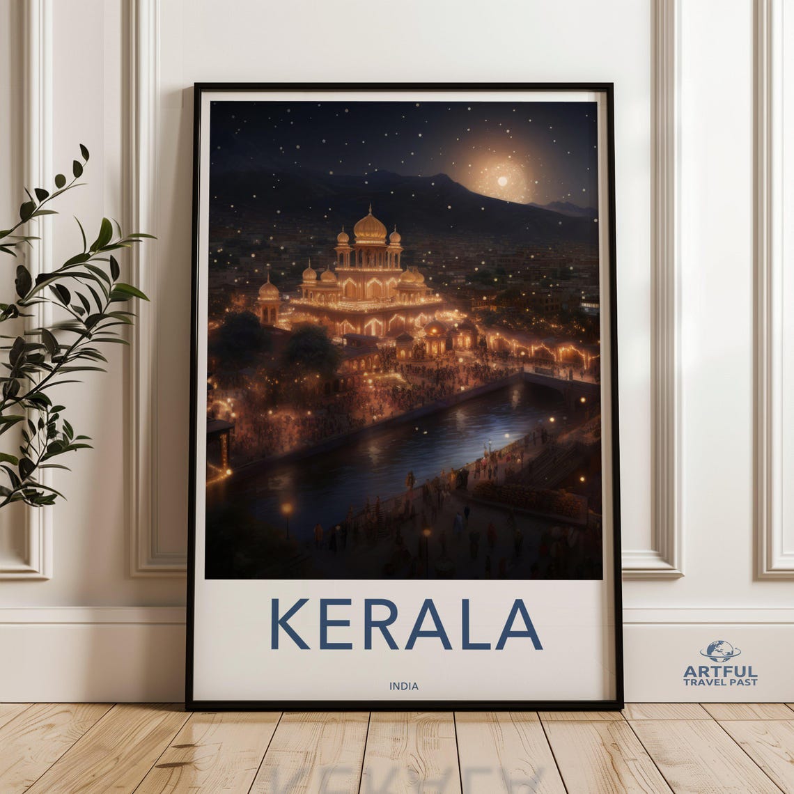 Kerala India Night Temple Golden Lights River Travel Wall Poster