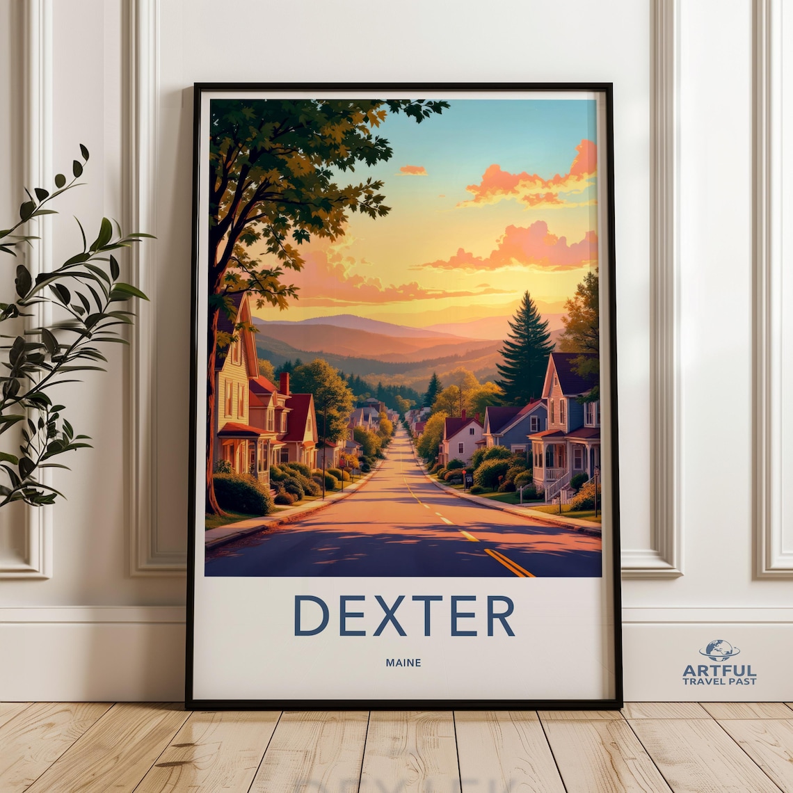 Dexter Maine Sunset Small Town Street New England Retro Travel Poster