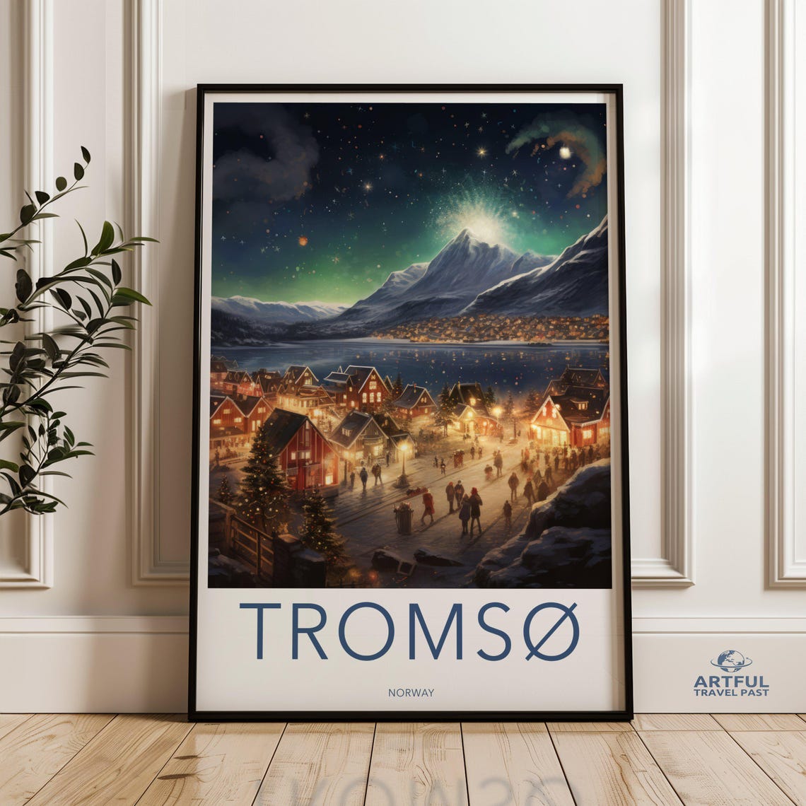 Tromso Norway Winter Northern Lights Aurora Snowy Harbor Night Poster
