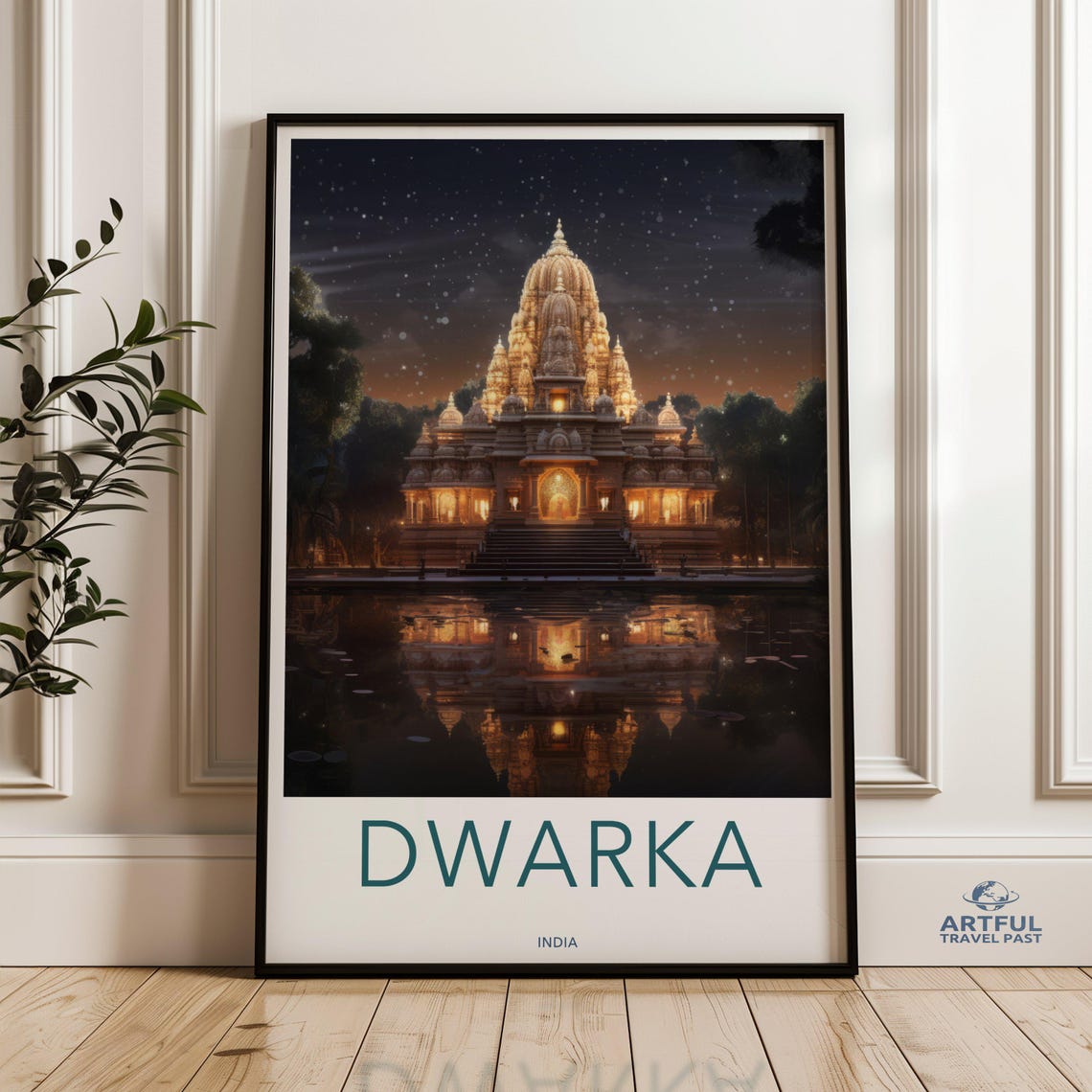 Dwarka India Illuminated Temple Night Reflection Vintage Travel Poster