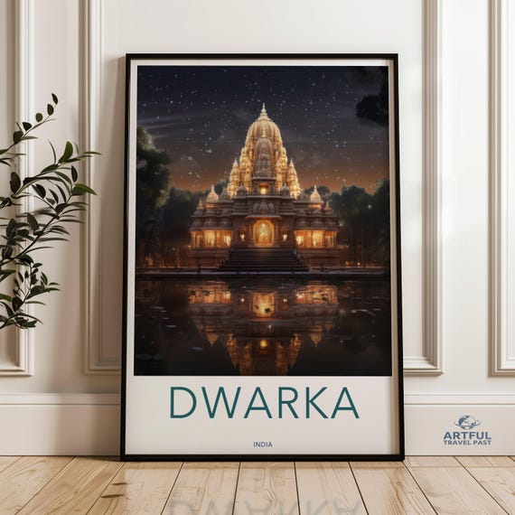 Dwarka Temple Wall Art Spiritual Architecture Poster Ancient Historical Landmark Print Cultural Travel Decor India Heritage Illustration