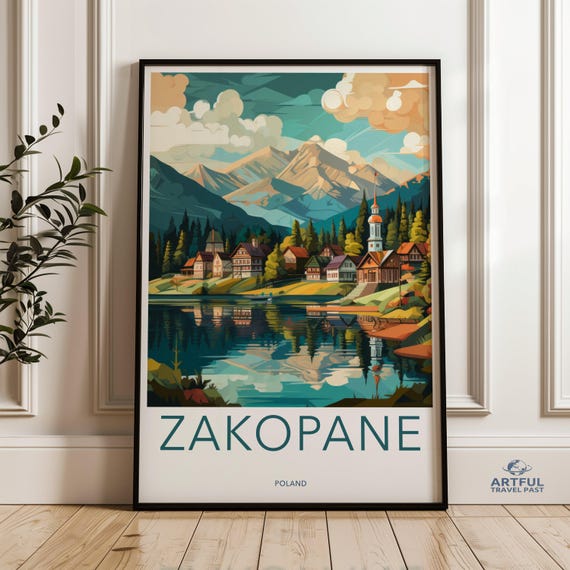 Zakopane Poland Mountain Lake Village Landscape Illustration Scenic Nature Wall Art Colorful Travel Poster Home Decor