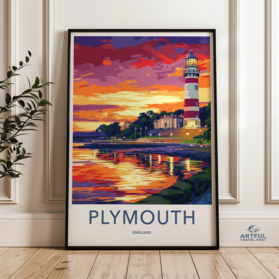 Plymouth England Sunset Lighthouse Coastal Colorful Travel Poster
