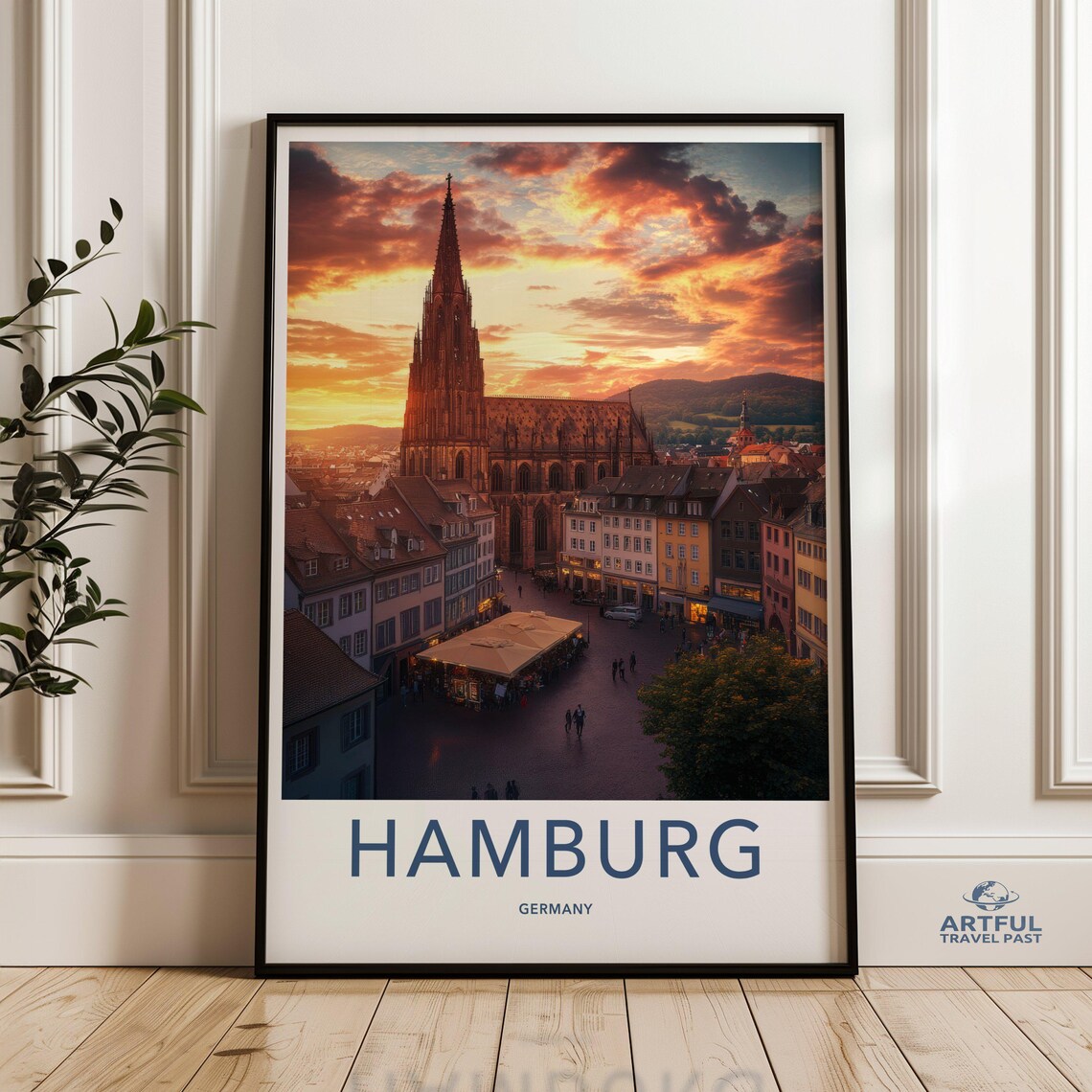 Hamburg Germany Sunset Cathedral Cityscape Vintage Travel Poster