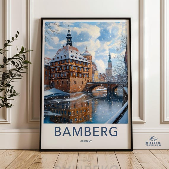 Bamberg Wall Art Picturesque Winter Scene Snowy Town Painting Bavarian Architecture Print Charming German Cityscape Decor