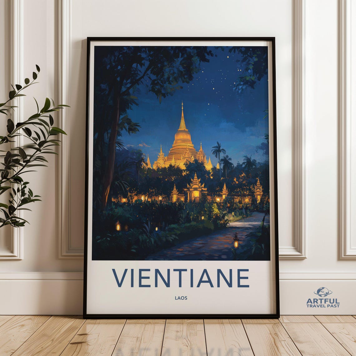 Vientiane Laos Golden Stupa Night Temple Vintage Travel Poster
