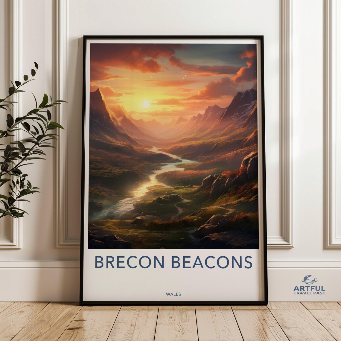 Brecon Beacons Wales Golden Sunset Mountain Valley River Travel Poster