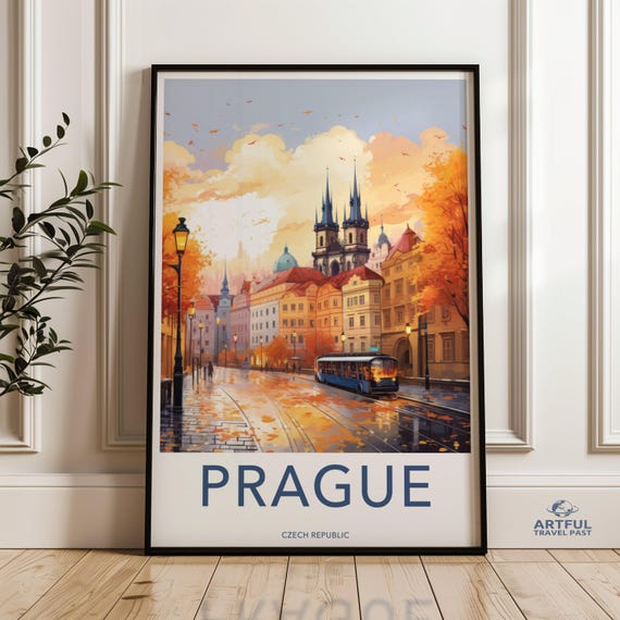 Prague Cityscape Wall Art Fall Season Print Historical Architecture Czech Republic Travel Poster