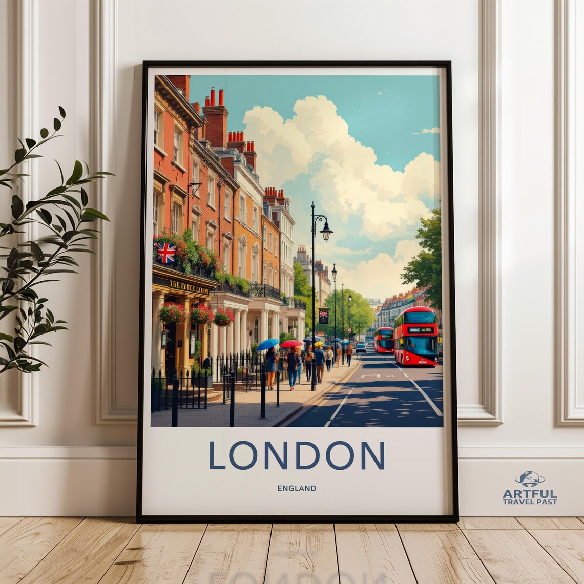 London England Red Bus Brick Street Vintage City Travel Poster