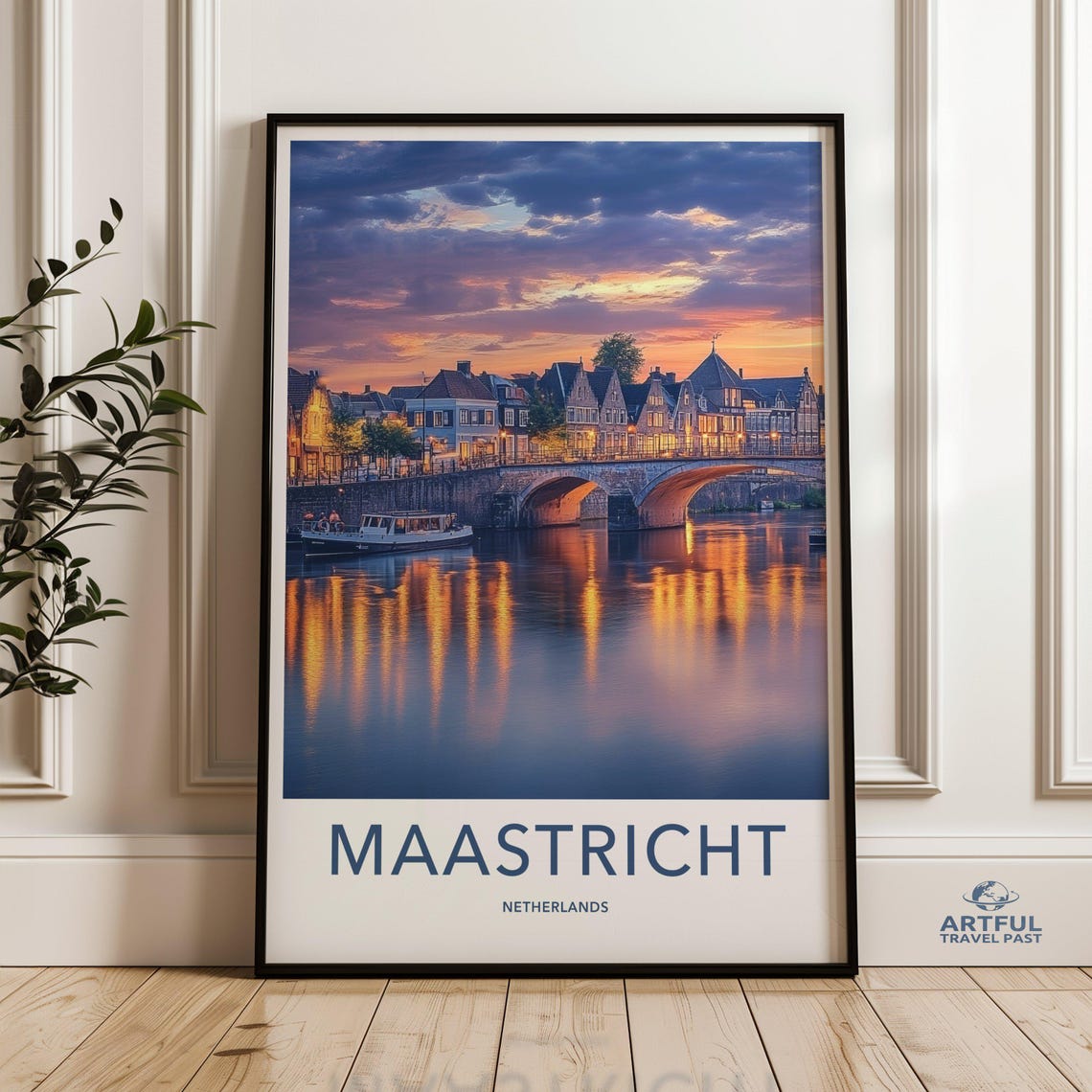 Maastricht Cityscape Wall Art Netherlands Sunset View Print Scenic River Bridge Picture European Architecture Decor