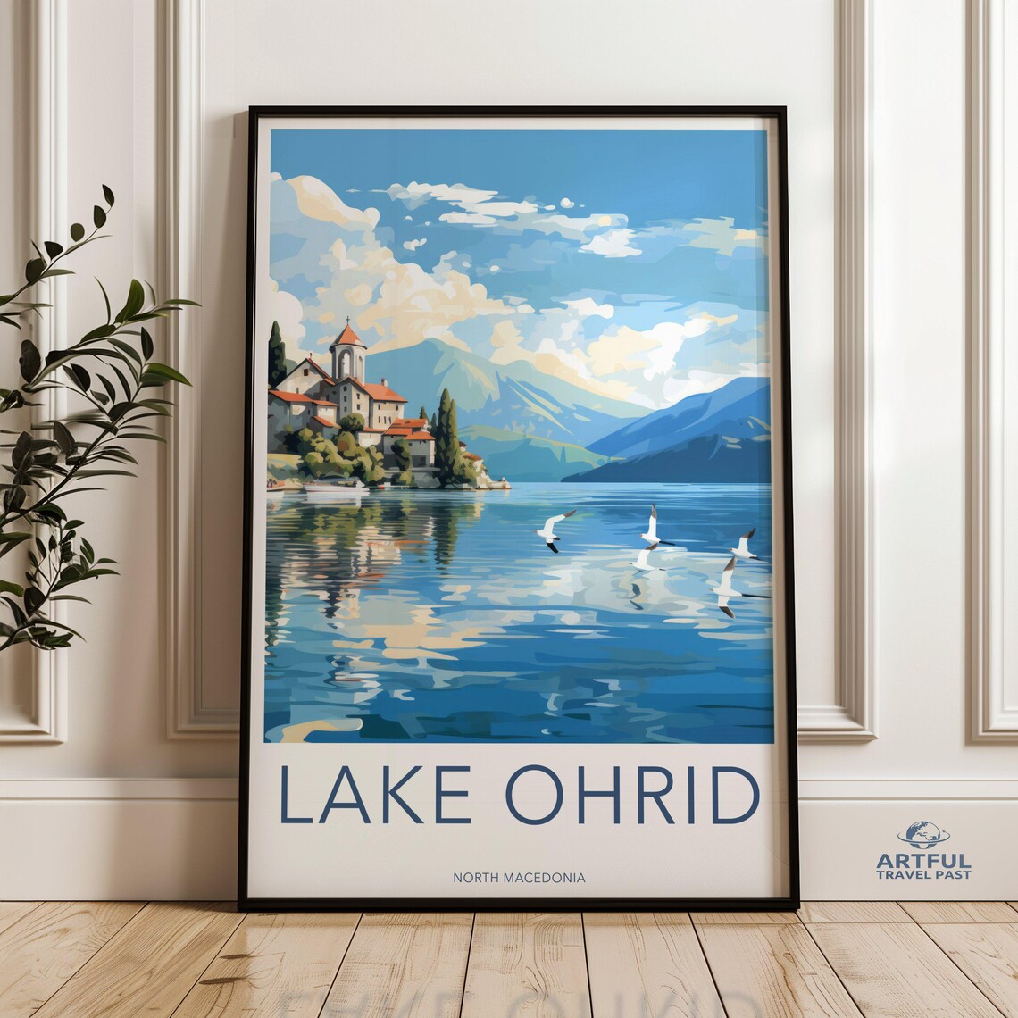 Lake Ohrid North Macedonia Vintage Travel Poster Lakeside Church Scene