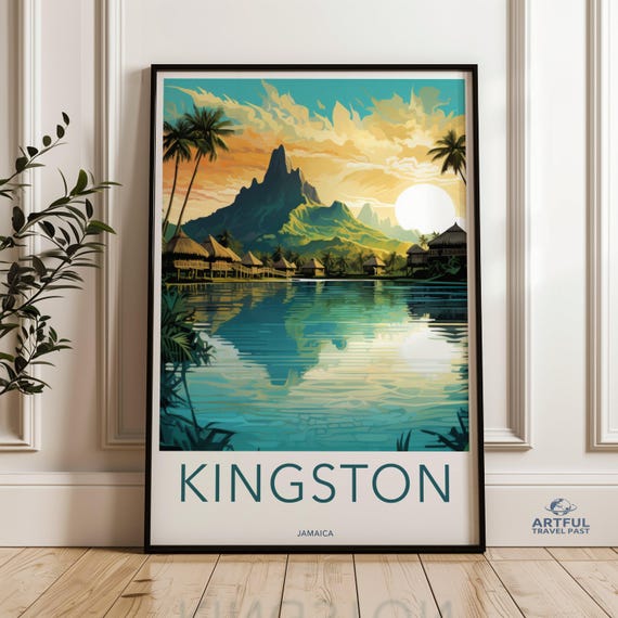 Tropical Kingston Wall Art Jamaica Travel Poster Coastal Print Landscape Decor Sunset Beach Scene Mountain View Island Getaway