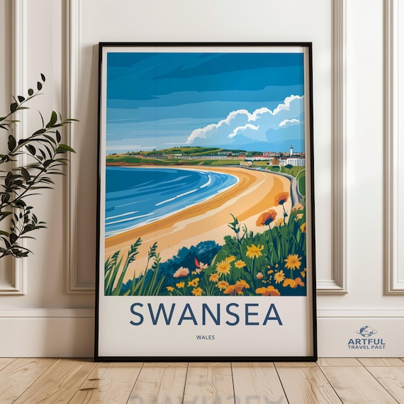 Swansea Wales Golden Bay Beach Wildflowers Vintage Travel Poster