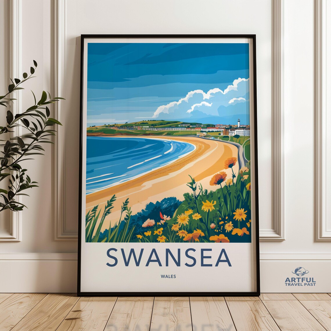 Swansea Wales Golden Bay Beach Wildflowers Vintage Travel Poster