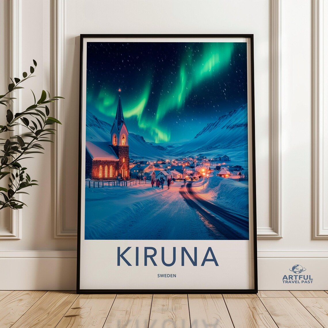 Kiruna Sweden Northern Lights Winter Village Church Travel Poster