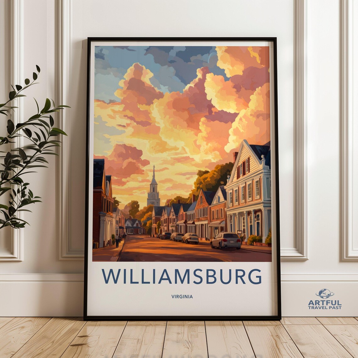 Williamsburg Virginia Colonial Street Sunset Clouds Vintage Travel Poster