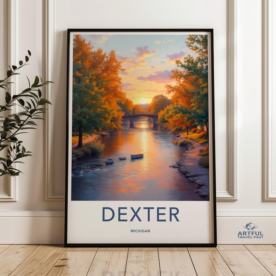 Dexter Michigan Autumn Sunset River Rowboats Bridge Foliage Travel Poster