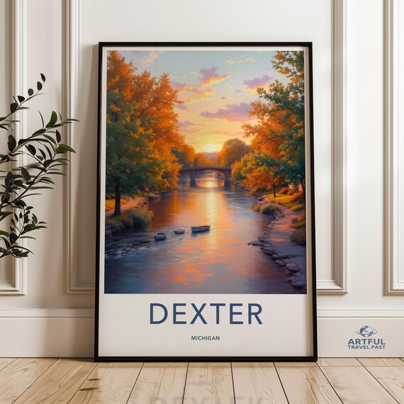 Dexter Michigan Autumn Sunset River Rowboats Bridge Foliage Travel Poster