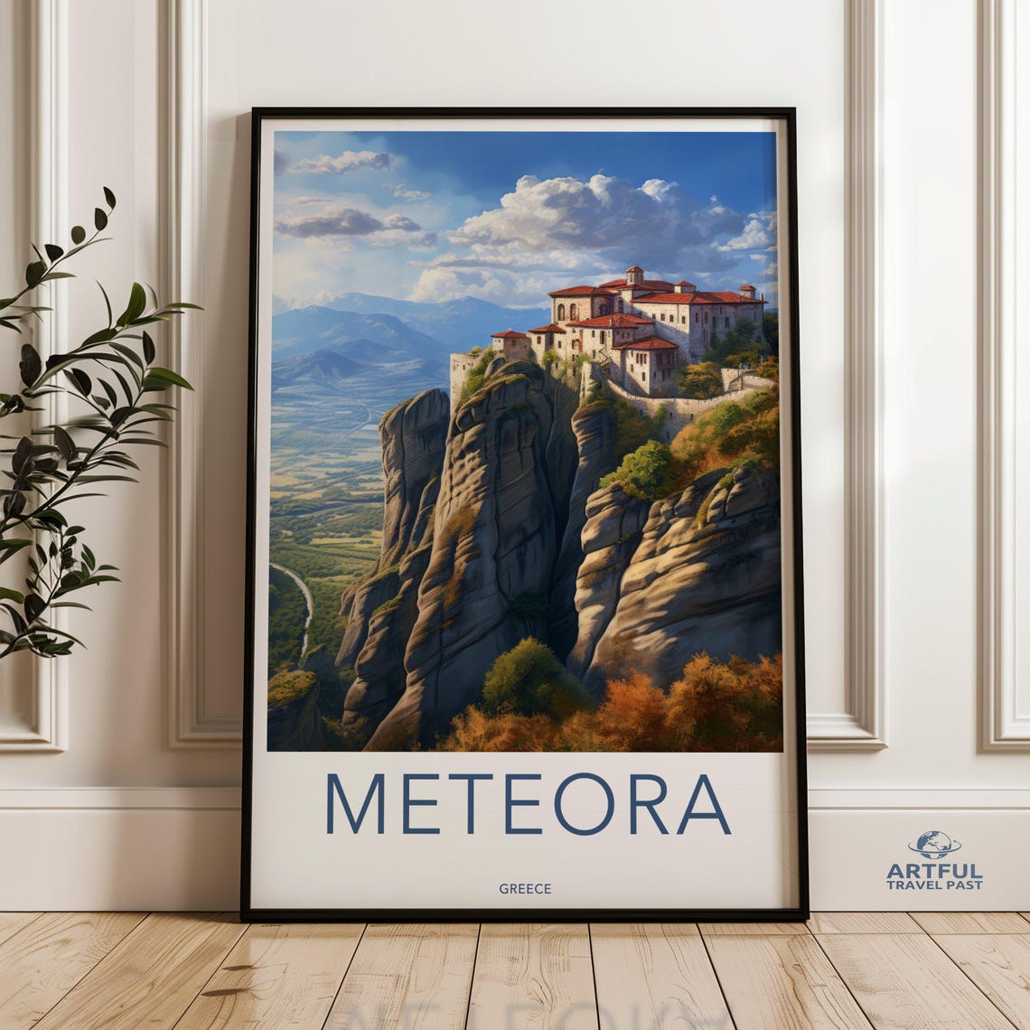 Meteora Greece Monastery on Towering Rock Pinnacles Travel Poster