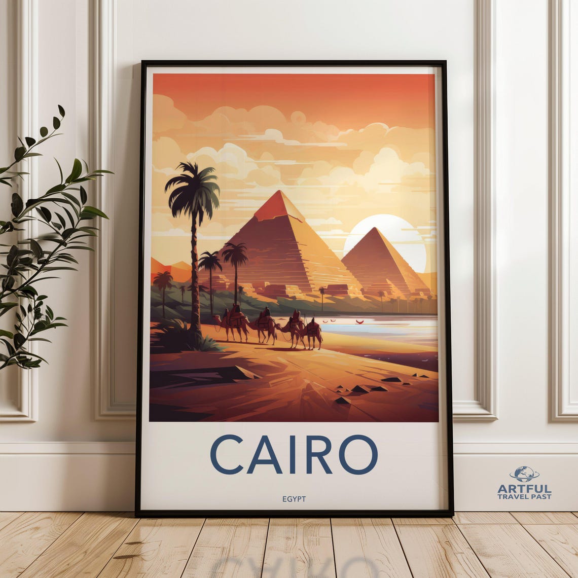 Cairo Egypt Pyramids Sunset Camels Vintage Travel Style Poster