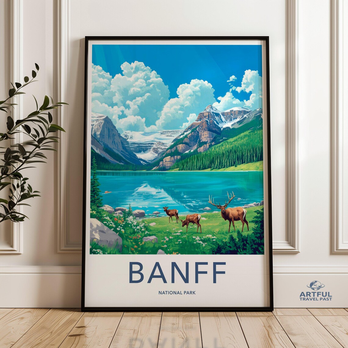 Banff National Park Elk Lake Mountain Travel Poster Vintage Style