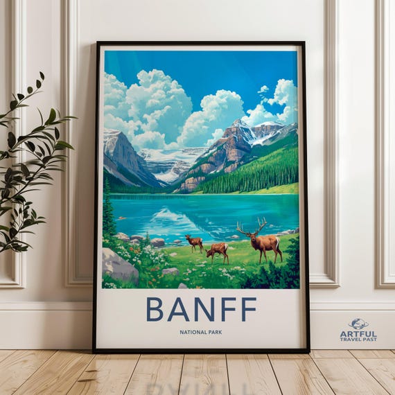 Banff National Park Wall Art Nature Landscape Print Mountain Lake Poster Wildlife Scenery Artwork Elk Deer Illustration Decor