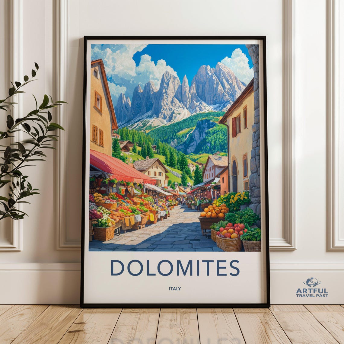 Dolomites Italy Vintage Market Street Mountain Travel Poster
