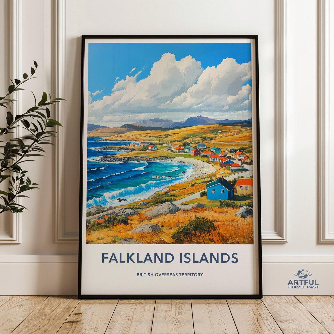 Falkland Islands Colorful Coastal Village and Waves Travel Poster