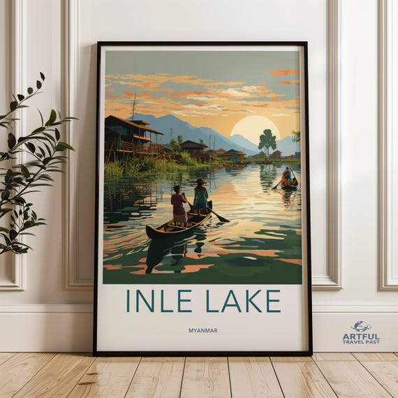 Inle Lake Wall Art Myanmar Landscape Print Scenic Canoe Ride Sunset Decor Southeast Asia Travel Poster Home Decoration