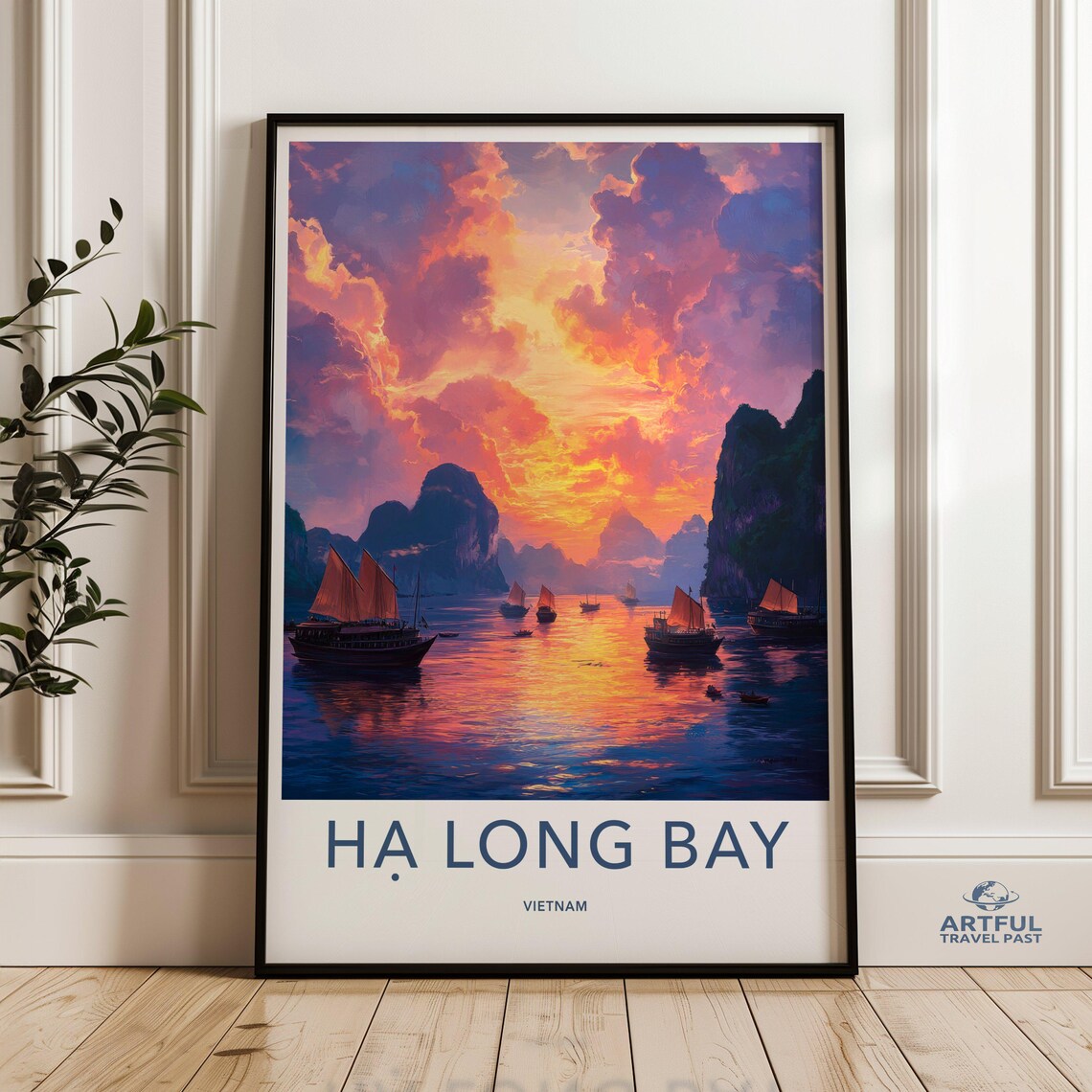 Ha Long Bay Vietnam Junk Boats Sunset Karst Islands Travel Poster