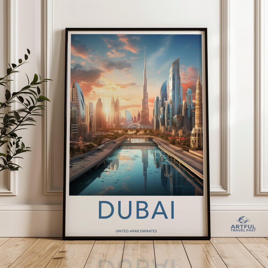 Dubai Skyline Sunset Travel Poster with Burj Khalifa and Canal