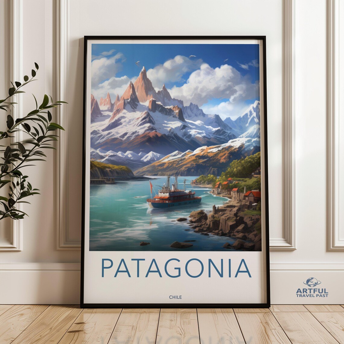 Patagonia Chile Red Ship Turquoise Bay Vintage Travel Poster