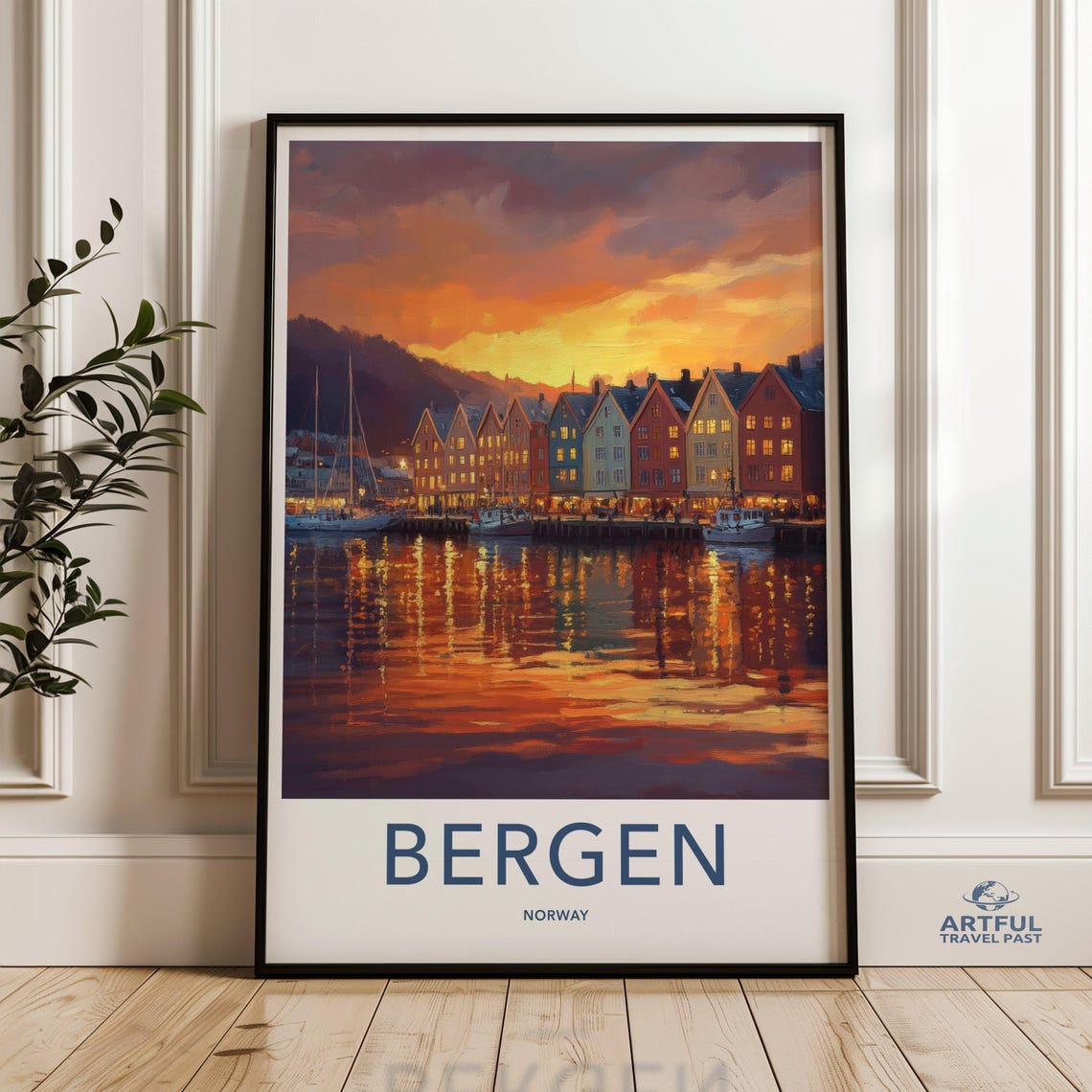 Bergen Norway Harbor At Dusk Lit Windows Boats Travel Poster