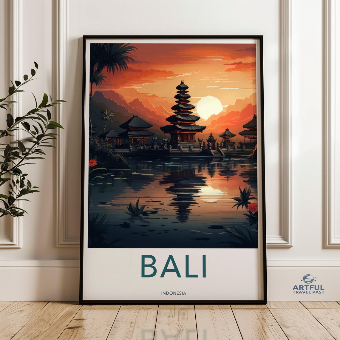 Bali Indonesia Temple Lake Fiery Orange Sunset Vintage Travel Poster
