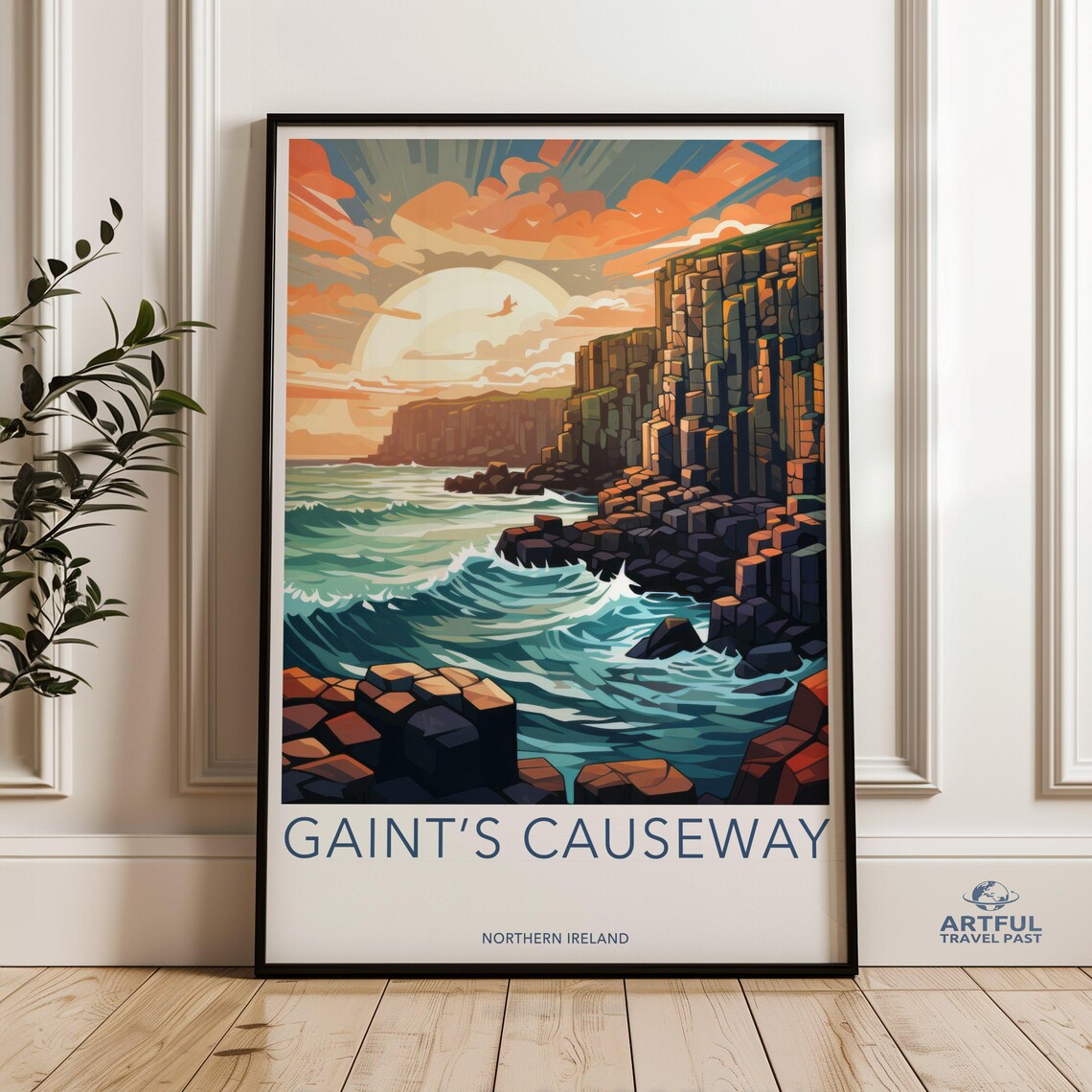 Giants Causeway Northern Ireland Sunset Ocean Travel Art Poster